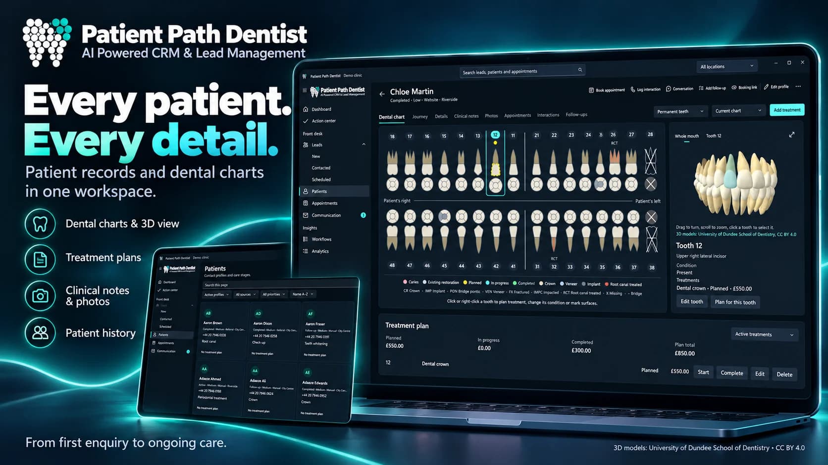PatientPath-Werbeübersicht zu Patientenakten, Zahnschemata und 3D-Zahnansichten